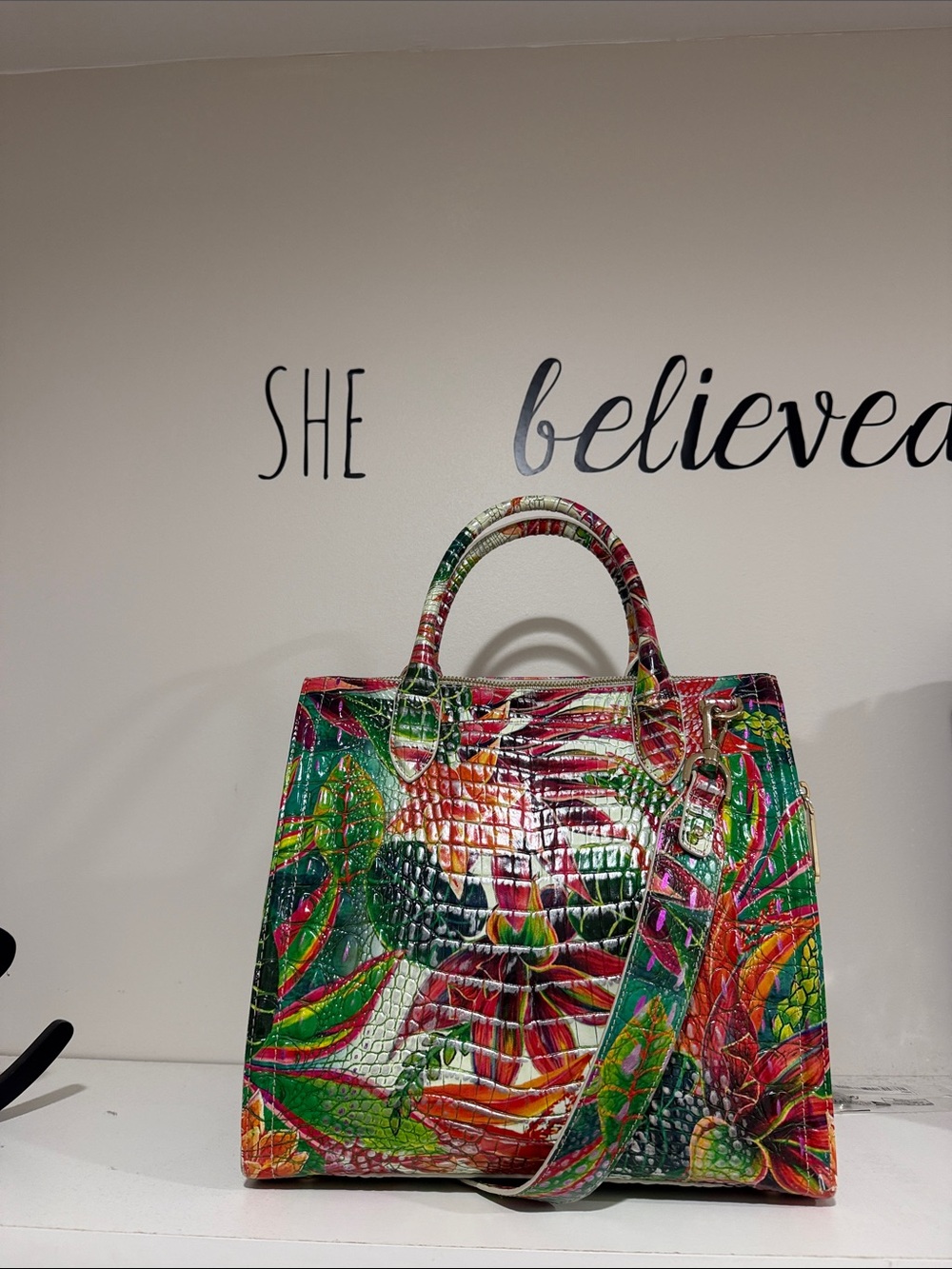 Brahmin Multicolor Floral Croc-Embossed Satchel in Green, Pink and Red - Picture 2 of 3